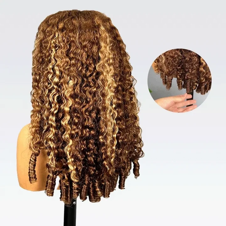 Highlights Ombre Burmese Curly Glueless Wig Human Hair Pull Go 13x6 13x4 Full Lace Snug Fit Drawstring Wear And Go Wig