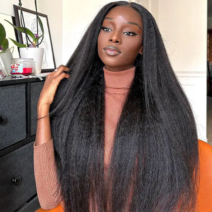 Wear & Go Kinky Straight Human Hair Wig With Drawstring Pre-Cut Lace Wig Pre-bleach Knots Beginner Wig