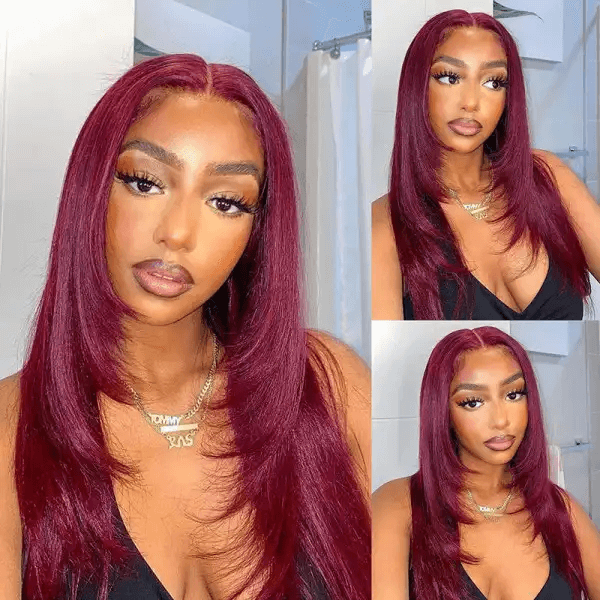 Layered Cut Glueless Burgundy Lace Front Human Hair Wig 99J Wine Red Colored 13x4 HD Transparent Lace Frontal Wig