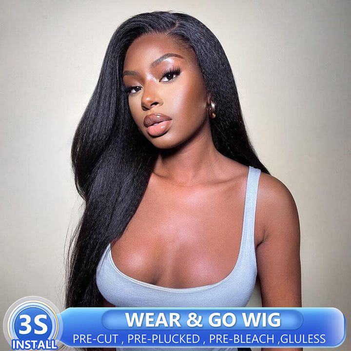 Wear & Go Kinky Straight Human Hair Wig With Drawstring Pre-Cut Lace Wig Pre-bleach Knots Beginner Wig