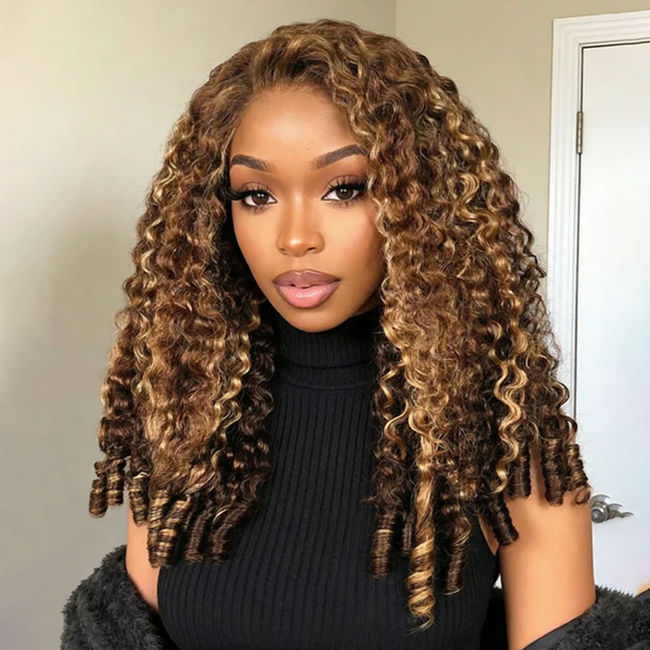 Highlights Ombre Burmese Curly Glueless Wig Human Hair Pull Go 13x6 13x4 Full Lace Snug Fit Drawstring Wear And Go Wig
