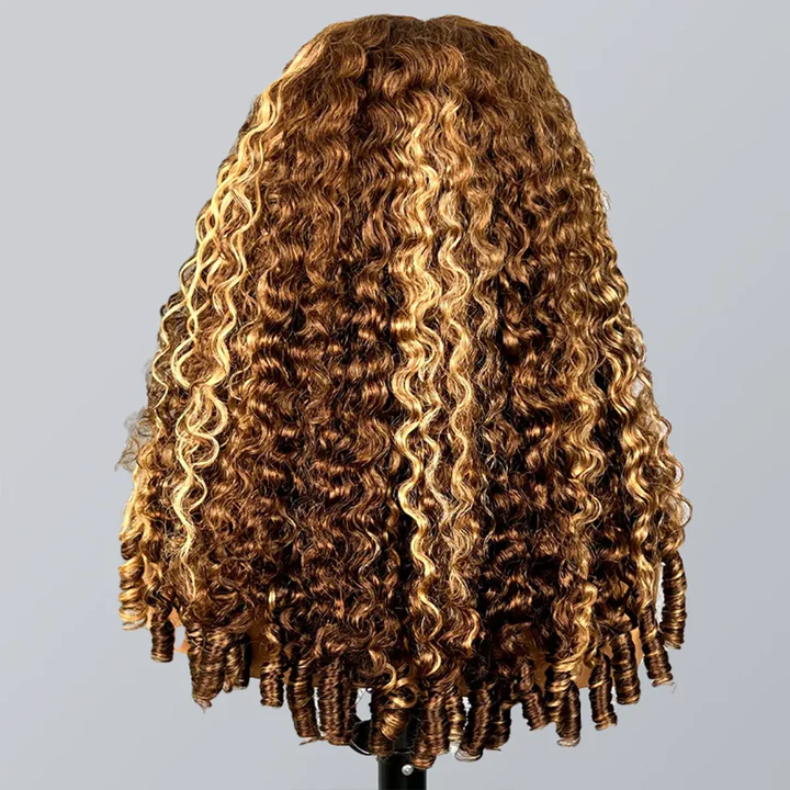 Highlights Ombre Burmese Curly Glueless Wig Human Hair Pull Go 13x6 13x4 Full Lace Snug Fit Drawstring Wear And Go Wig