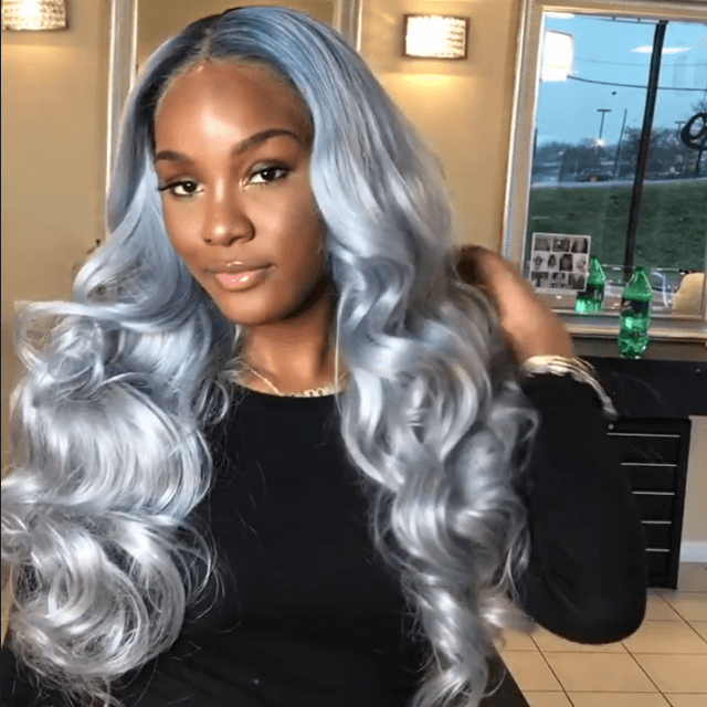 New Fashion Beautiful Women's Long Omber Dark Silver Grey Body Wave Lace Frontal Wigs