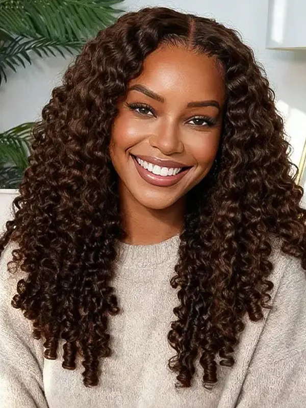 Chocolate Brown Burmese Curly Glueless Wig Human Hair Pull Go 13x6 Full Lace Snug Fit Drawstring Wear And Go Wig