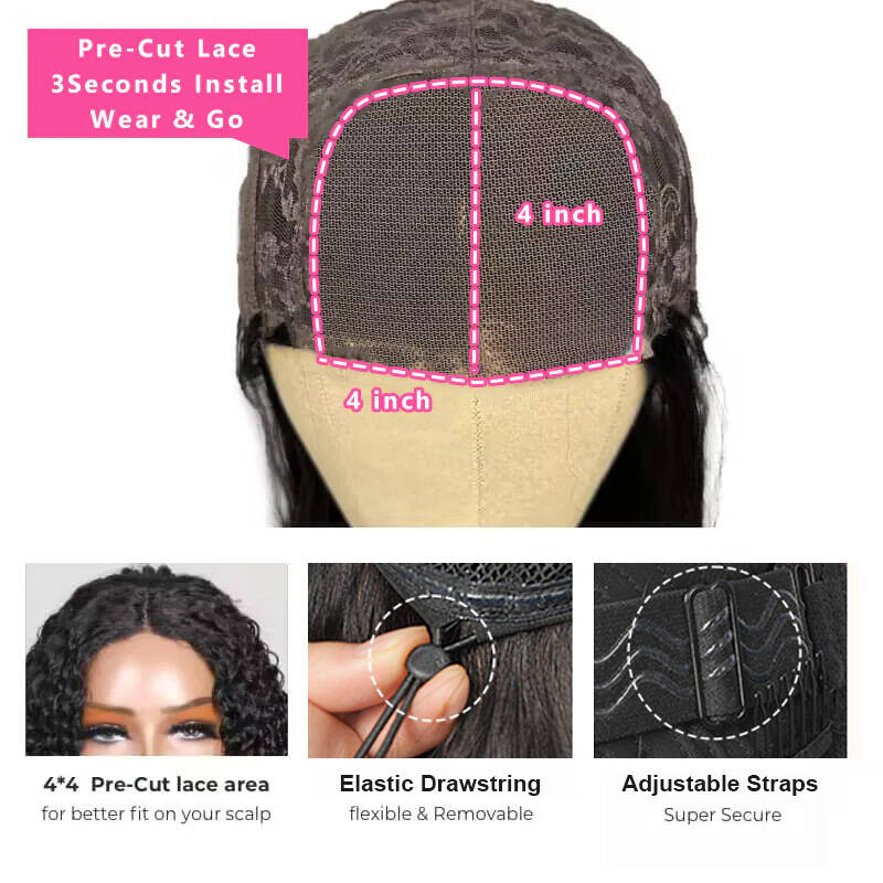 Wear & Go Kinky Straight Human Hair Wig With Drawstring Pre-Cut Lace Wig Pre-bleach Knots Beginner Wig