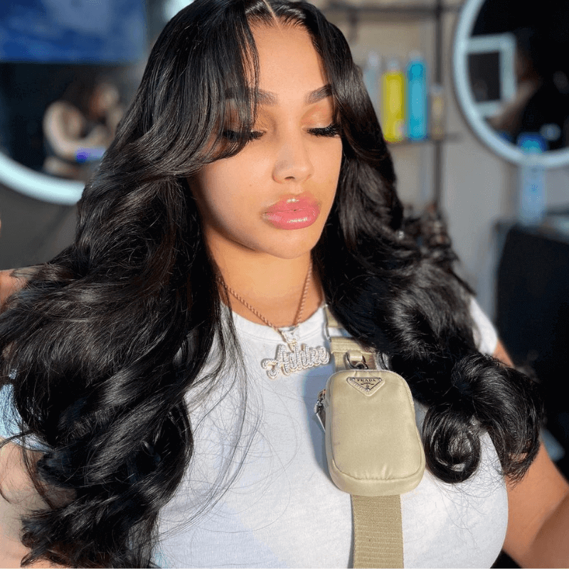 Curtain Bangs Human Hair Wig 250 Density 13X4 Lace Frontal Body Wave Wavy Wigs