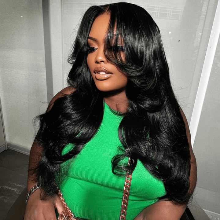Curtain Bangs Human Hair Wig 250 Density 13X4 Lace Frontal Body Wave Wavy Wigs