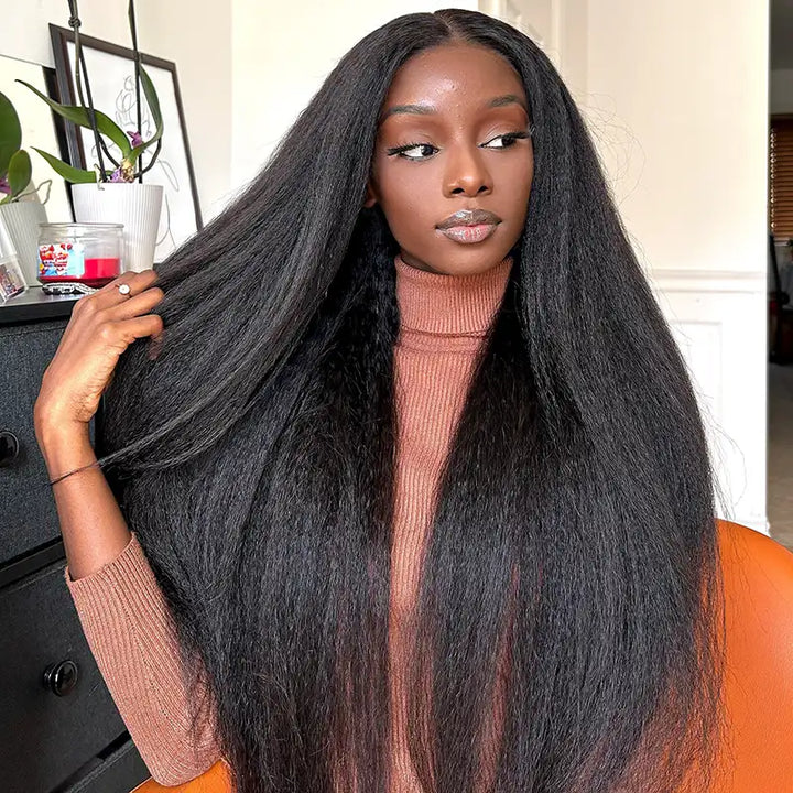 Wear & Go Kinky Straight Human Hair Wig With Drawstring Pre-Cut Lace Wig Pre-bleach Knots Beginner Wig
