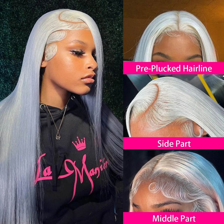 Super Sale Transparent Lace Frontal Wig Brazilian Straight Silver Grey Lace Front Human Hair Wigs 180% Density