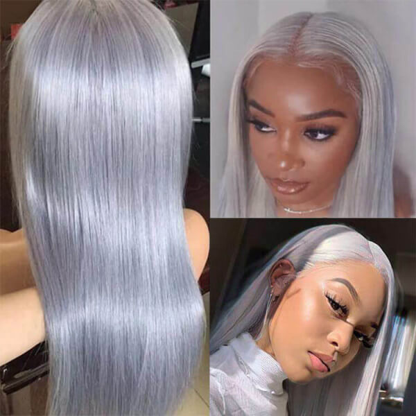Super Sale Transparent Lace Frontal Wig Brazilian Straight Silver Grey Lace Front Human Hair Wigs 180% Density
