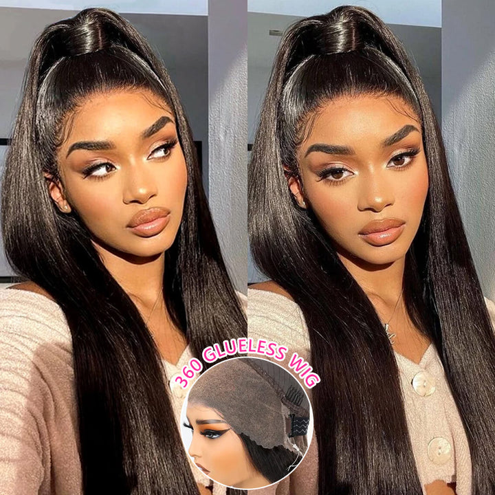 Invisible Strap Glueless 360 Transparent Lace Frontal Straight Human Hair Wigs for Ponytail