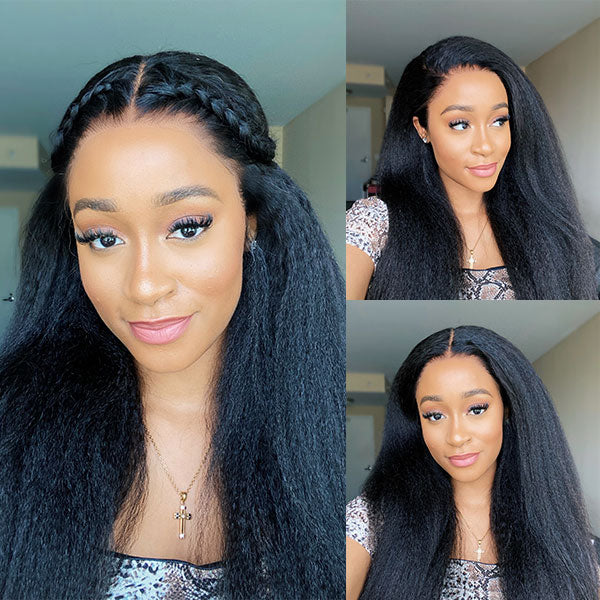 New In Pull Go Kinky Straight Glueless 13X4/13x6 Full Lace Wigs With Hidden Drawstring Pre Bleached Pre Cut Lace Human Hair Wig