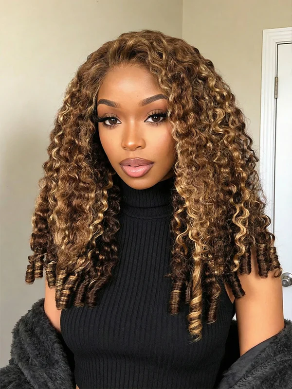 Highlights Ombre Burmese Curly Glueless Wig Human Hair Pull Go 13x6 13x4 Full Lace Snug Fit Drawstring Wear And Go Wig