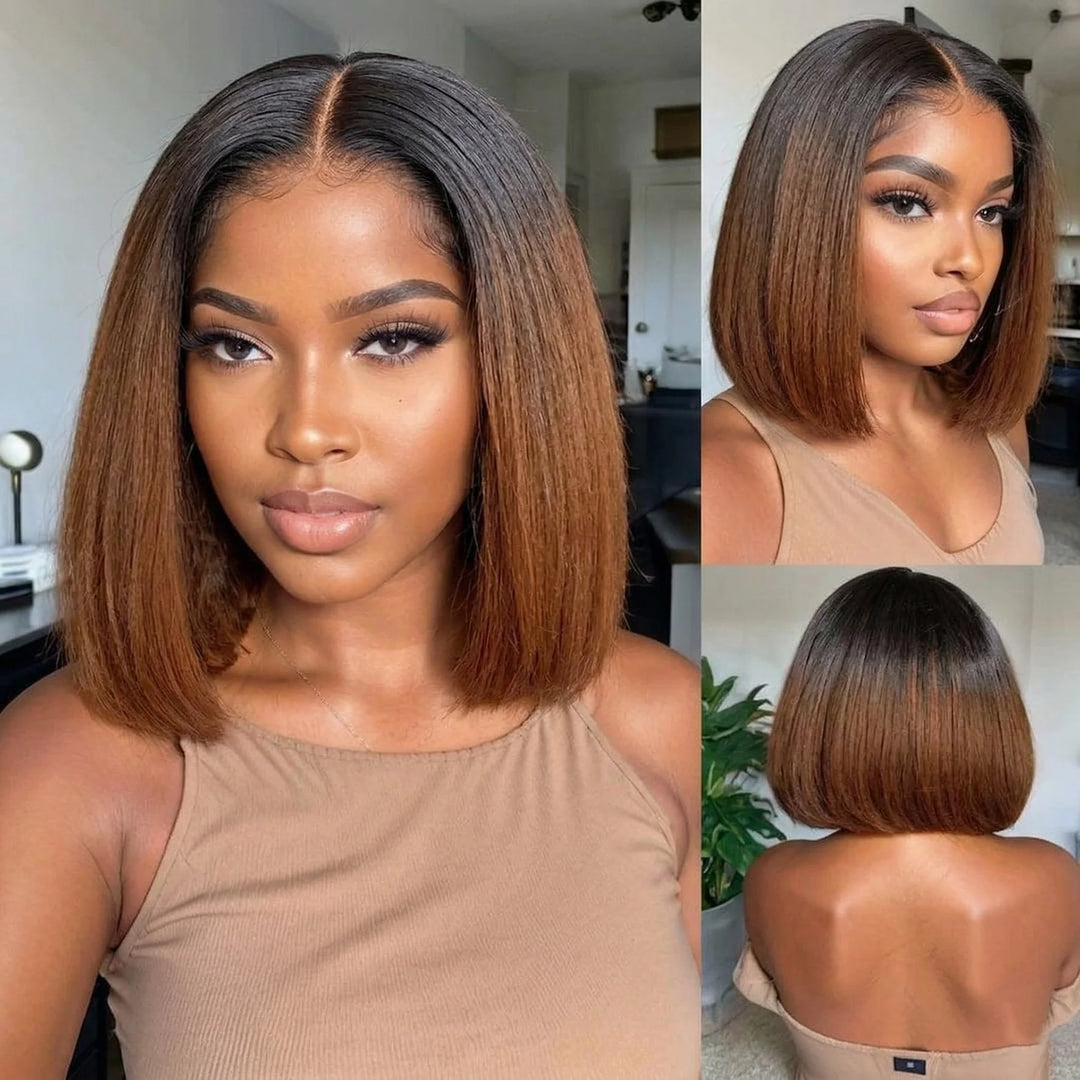Razor-Sharp Bobs Hair Ombre Brown Double Drawn Glueless Wig Luxury Sleek Bob Human Hair Wigs[No Code Needed]