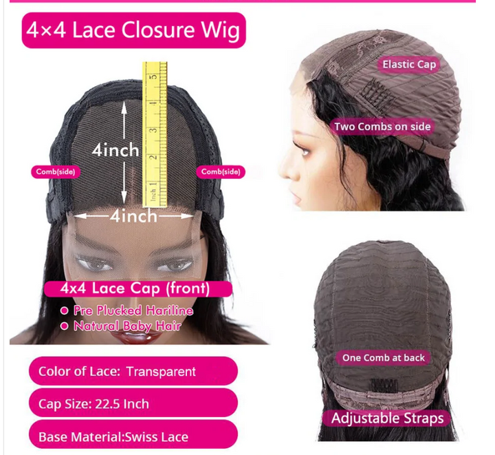 Deep Wave 4*4 Transparent Lace Closure Wigs Brazilian Human Hair Wigs Bling hair