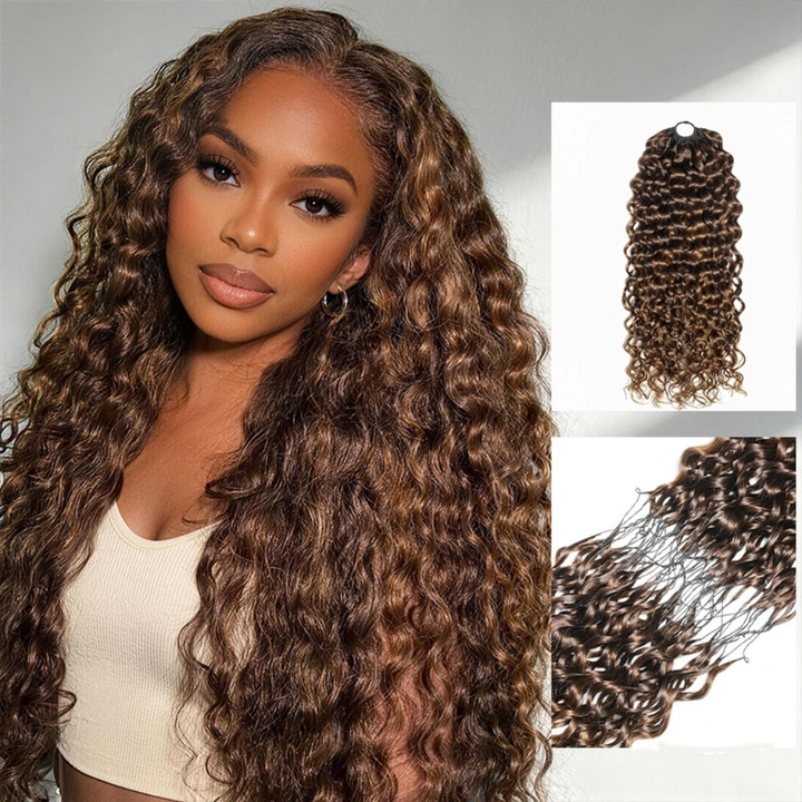 Bling Hair New In Chocolate Brown Water Wave Crochet Hair Machine Made Feather Crochet Human Hair Extension[No Code Needed]