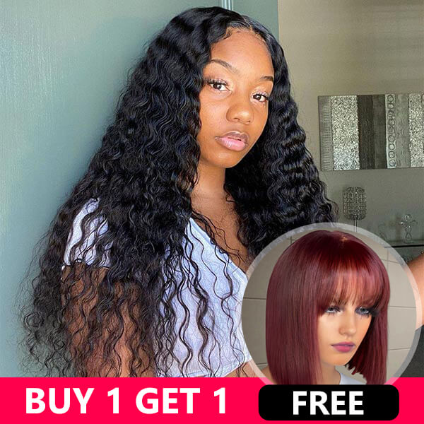 Buy One Get One Free Deep Wave Lace Wig Plus 99J Straight Bob Wig WIth Bang