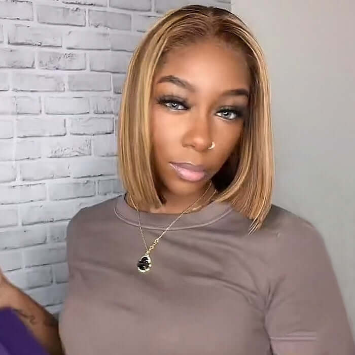 Ready To Wear Pre-Cut 4x6 Highlight Piano Color Straight Glueless Bob Wig with Pre Plucked Hairline & Bleached Knots