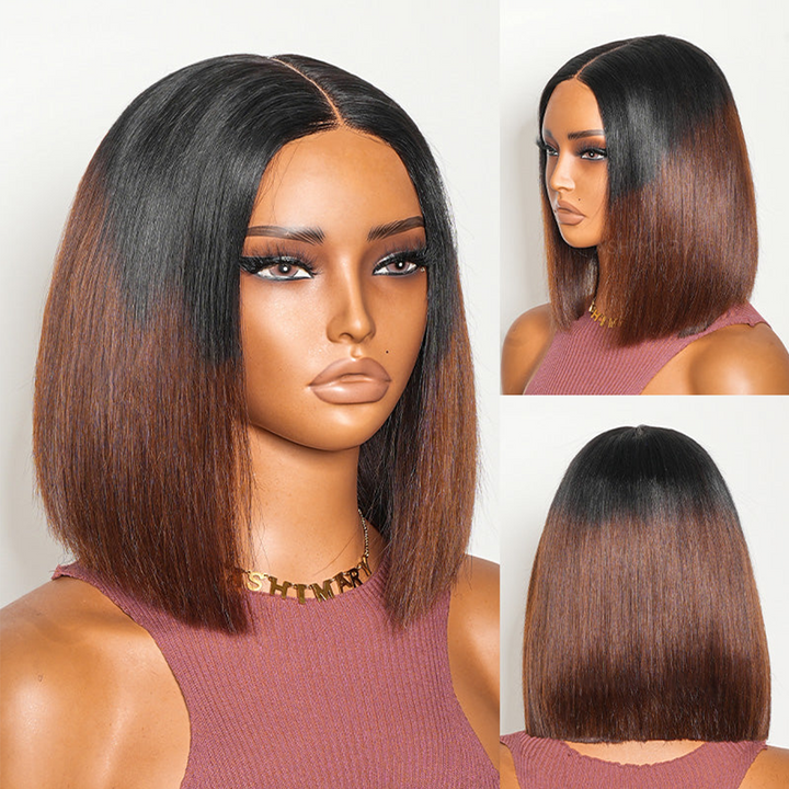 Razor-Sharp Bobs Hair Ombre Brown Double Drawn Glueless Wig Luxury Sleek Bob Human Hair Wigs[No Code Needed]