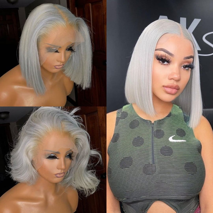 Silver Grey Body Bob Wig Human Hair Pre Plucked Lace Frontal Wig with Baby Hair