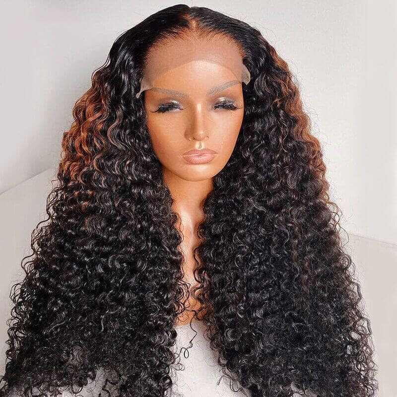 Curly Lace Closure Wig Highlight Brown Colored Lace Frontal Human Hair Wigs