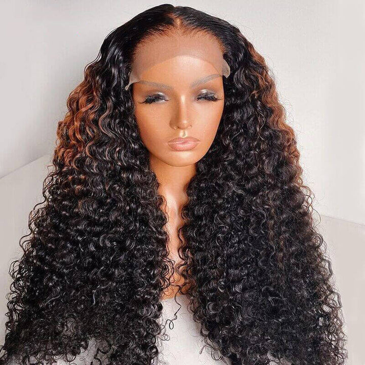 Curly Lace Closure Wig Highlight Brown Colored Lace Frontal Human Hair Wigs