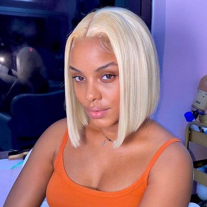 613 Blonde Short Bob Straight 13*4 Lace Front Human Hair Wigs 4*4 Lace Closure Wig