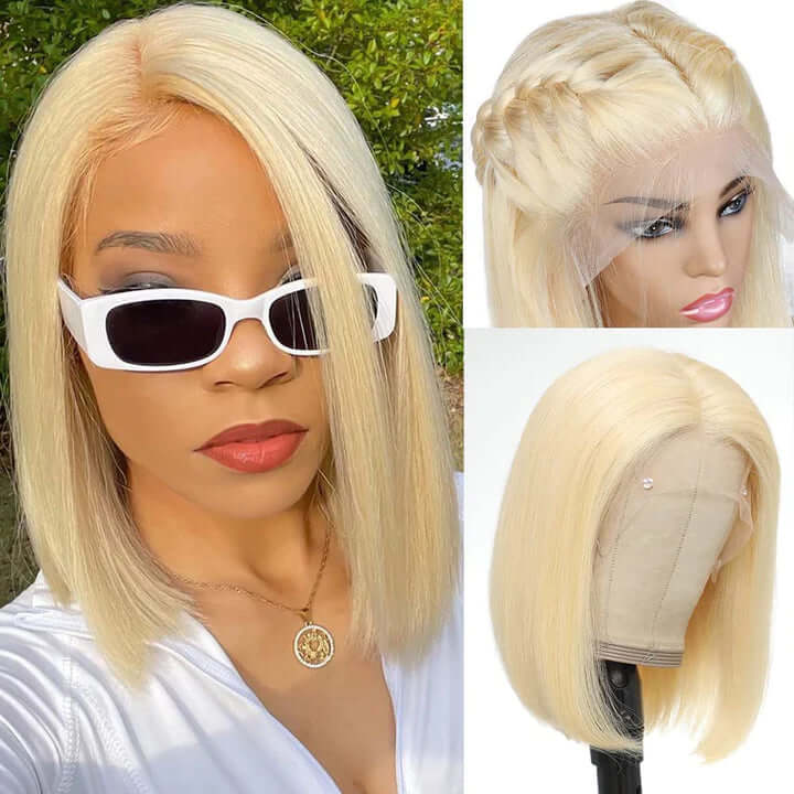 613 Blonde Short Bob Straight 13*4 Lace Front Human Hair Wigs 4*4 Lace Closure Wig