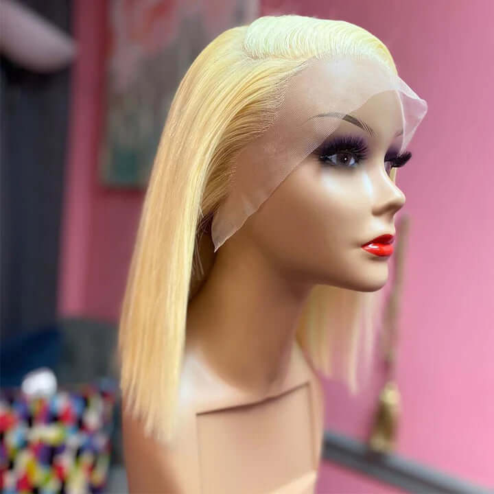 613 Blonde Short Bob Straight 13*4 Lace Front Human Hair Wigs 4*4 Lace Closure Wig