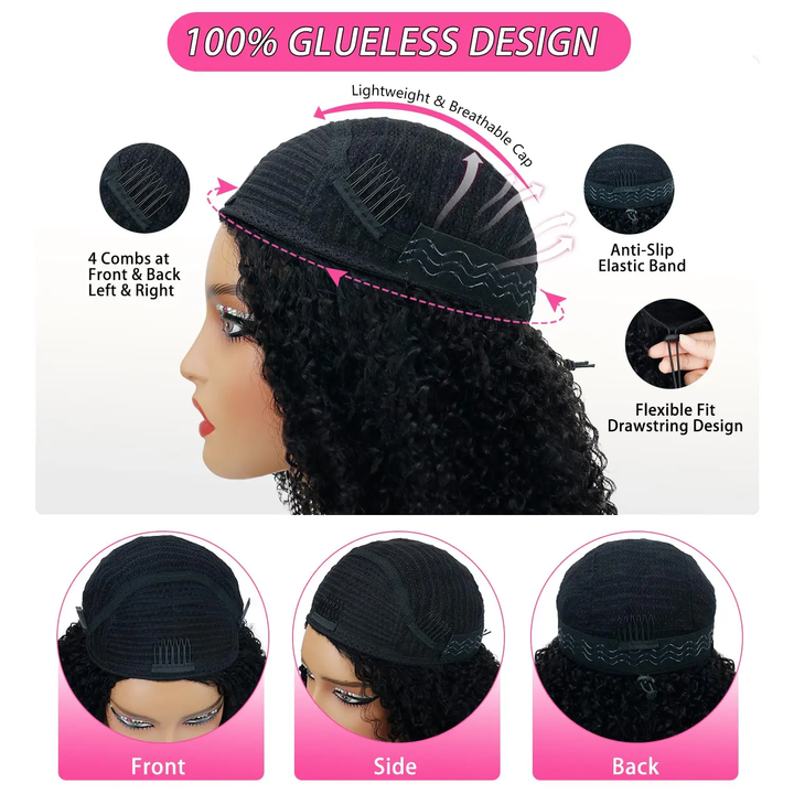 Drawstring Pull Go Wig | Deep Wave Curly V Part Glueless Wig Beginner Friendly Undetectable Leave Out Natural Scalp Thick Human Hair Blinghair
