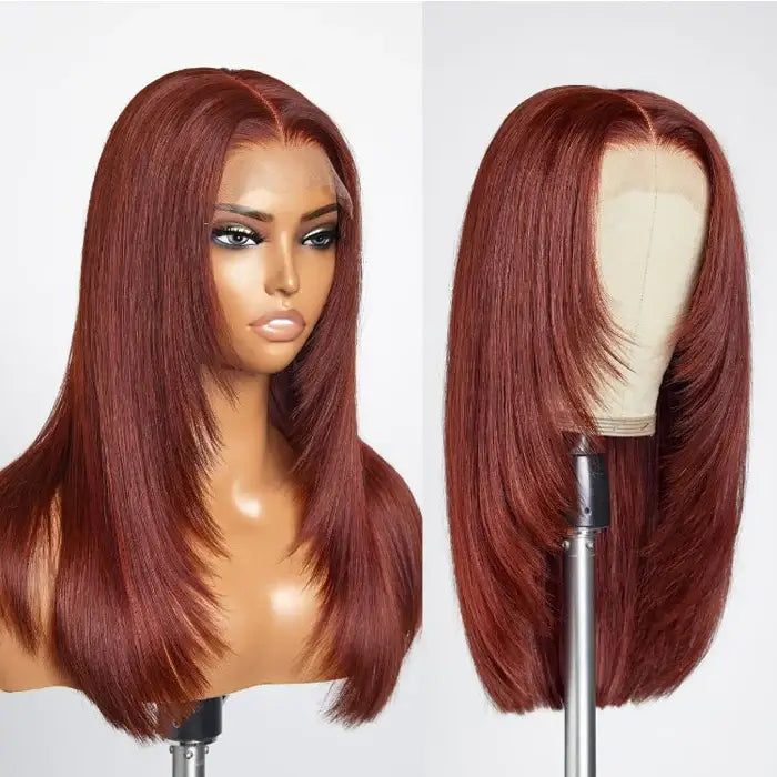 Glueless Layered Cut Reddish Brown 13x4 13x6 Undetectable Lace Front 100% Human Hair Wig