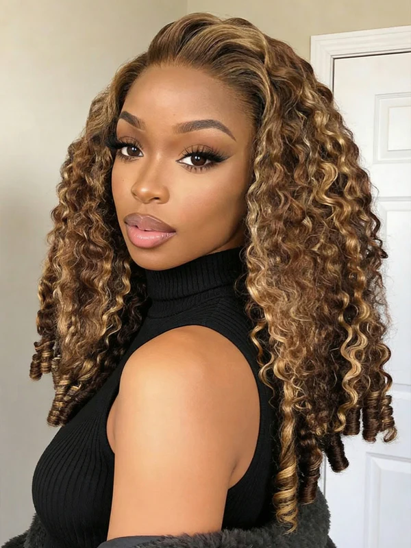 Highlights Ombre Burmese Curly Glueless Wig Human Hair Pull Go 13x6 13x4 Full Lace Snug Fit Drawstring Wear And Go Wig