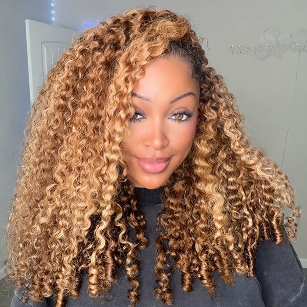 [No Code Needed] 3 In 1 Half Wig | Burmese Curly Highlight 4/27 Color Wear Go Half Wig With Elastic Drawstring Flip Over Wig