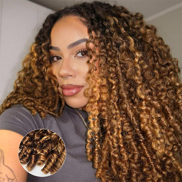 [No Code Needed] 3 In 1 Half Wig | Burmese Curly Highlight 4/27 Color Wear Go Half Wig With Elastic Drawstring Flip Over Wig