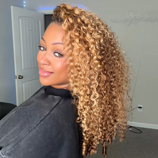 [No Code Needed] 3 In 1 Half Wig | Burmese Curly Highlight 4/27 Color Wear Go Half Wig With Elastic Drawstring Flip Over Wig