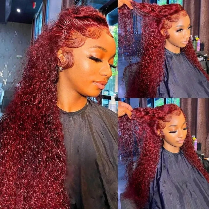 Burgundy 99J Curly Lace Wig Burgundy Color Human Hair Curly Wig With Natural Hairline