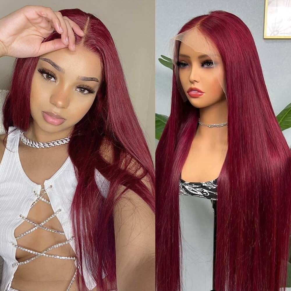 Burgundy Pre-cut Wigs Human Hair 99j Lace Front Wig 13x4 13x6 Straight Glueless Human Hair Wigs Pre Plucked Hairline