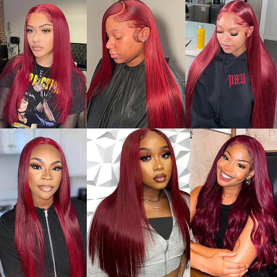 Super Sale Burgundy 99J 13x4/13x6 Lace Front Human Hair Wigs Straight 180% 200% Density