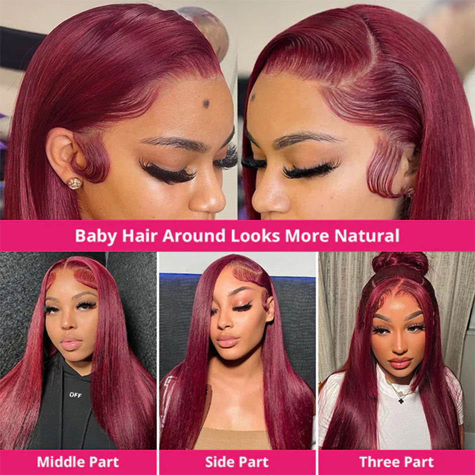 Super Sale Burgundy 99J 13x4/13x6 Lace Front Human Hair Wigs Straight 180% 200% Density
