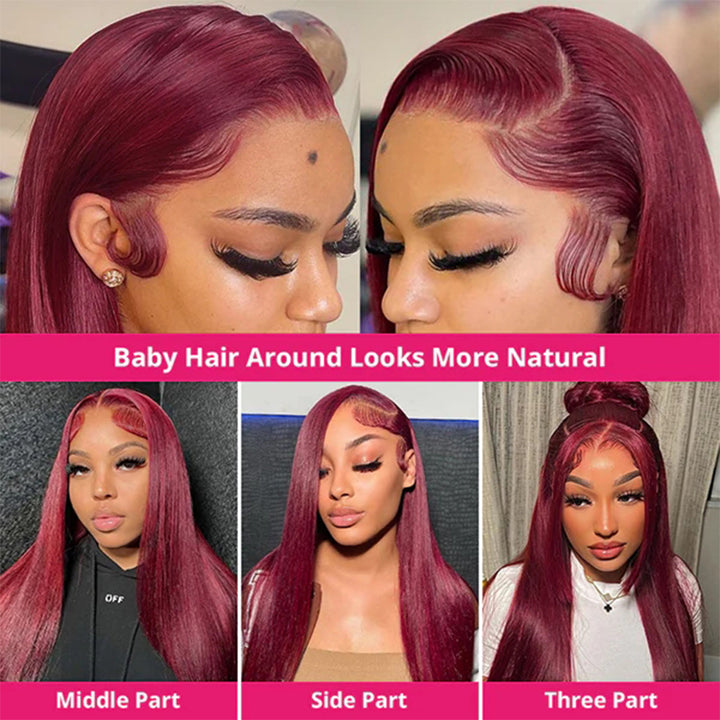 Super Sale Burgundy 99J 13x4/13x6 Lace Front Human Hair Wigs Straight 180% 200% Density