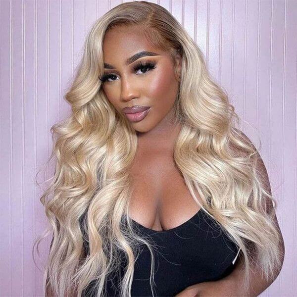 Ash Blonde Color Human Hair Body Lace Front Wigs Pre-Plucked Brown Root Mix #613 Hot Color Wigs