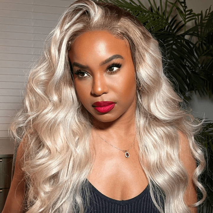 Ash Blonde Color Human Hair Body Lace Front Wigs Pre-Plucked Brown Root Mix #613 Hot Color Wigs