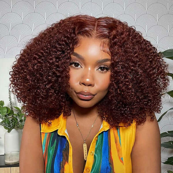 Auburn Brown Color 13x4 Glueless Lace Frontal Wig Kinky Curly Human Hair