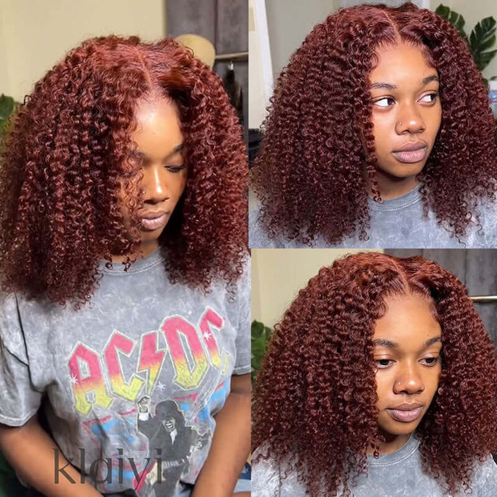 Auburn Brown Color 13x4 Glueless Lace Frontal Wig Kinky Curly Human Hair
