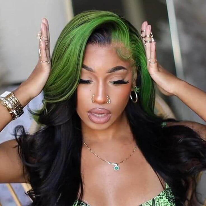 Green Skunk Stripe Color Wig Transparent Lace Front Wigs