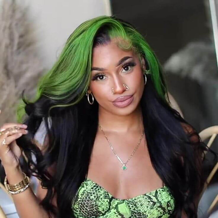 Green Skunk Stripe Color Wig Transparent Lace Front Wigs