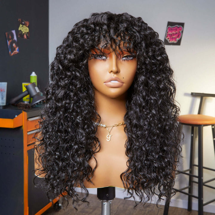 Water Wave Machine Made Wigs Human Hair Wig With Free Part Bangs
