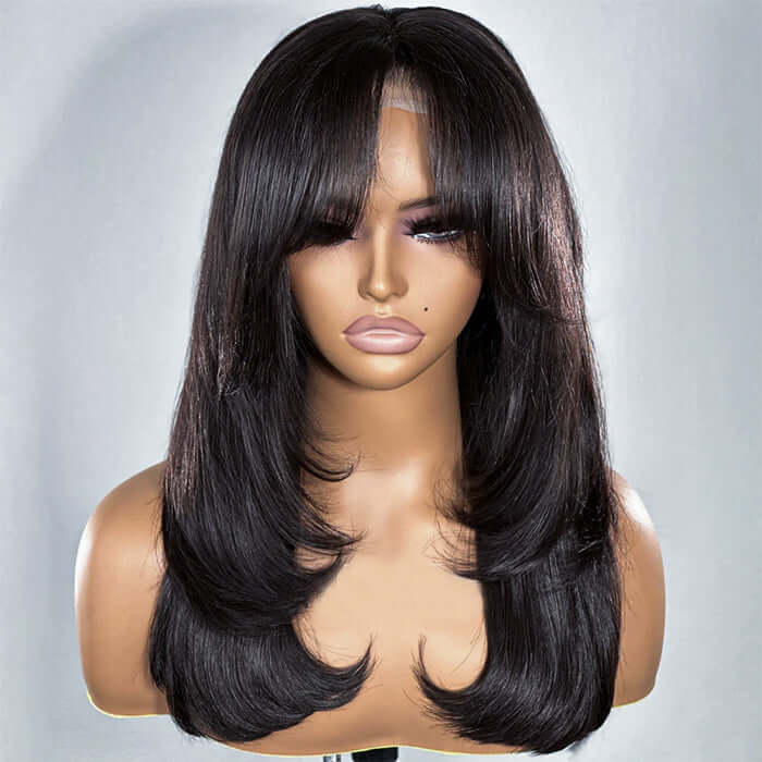 Curtain Bangs 13x4 Frontal Lace Wig Butterfly Haircut Straight Human Hair Wigs with Pre-Bleached Knots