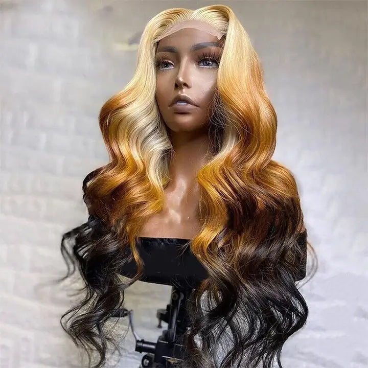 Blonde Brown Ombre Wig Bone Straight 13x4 Lace Front Human Hair Wigs