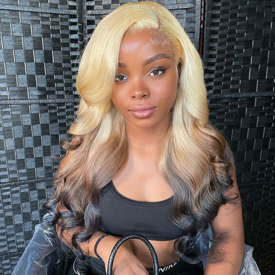 Blonde Brown Ombre Wig Bone Straight 13x4 Lace Front Human Hair Wigs